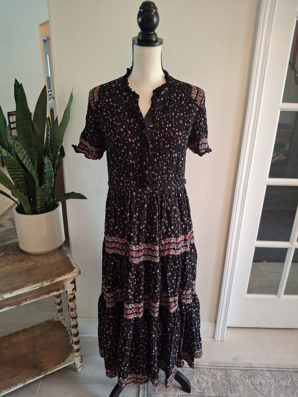 Free People Black Midi Dress with Pink Floral Print